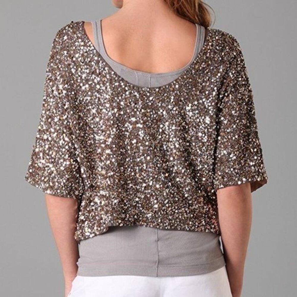 Vince Sequin sparkle Top size small gold cropped Short Sleeve club party bridal - Picture 3 of 8